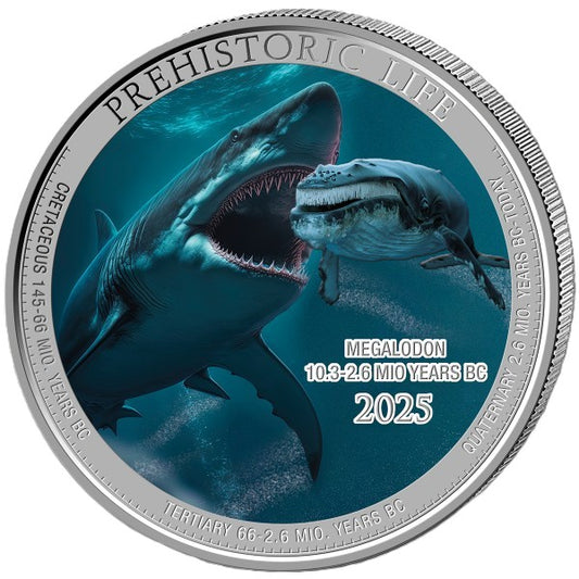 Prehistoric Life II - Megalodon 2025  – 1 oz Silbermünze Farbe Color