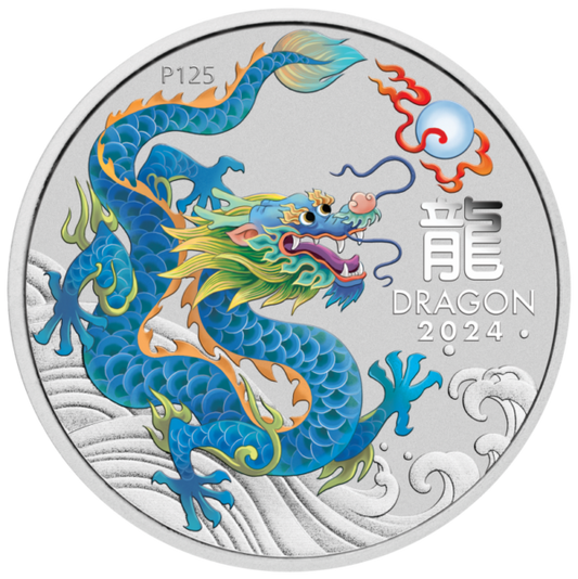 Lunar III Dragon Drache 2024 - 1 oz Silbermünze coloriert Teal Blaugrün*