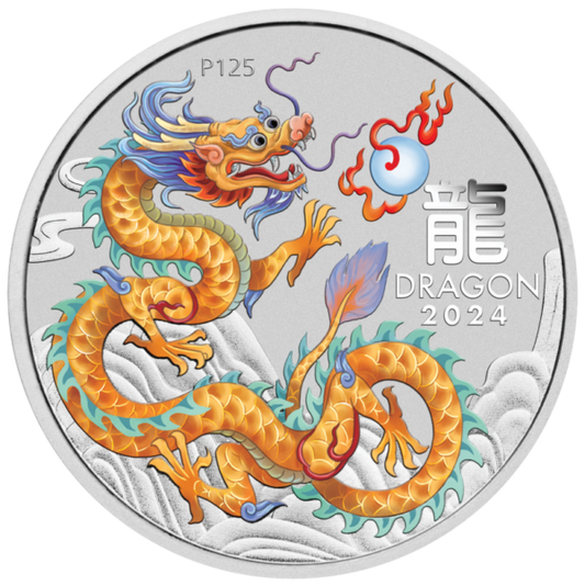 Lunar III Drache, 1 oz Silbermünze coloriert Golden, 2024*