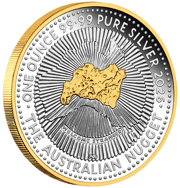 Australien Nugget - 40. Jubiläum - 2026 - 1 oz Silbermünze Teilvergoldet PP in Box
