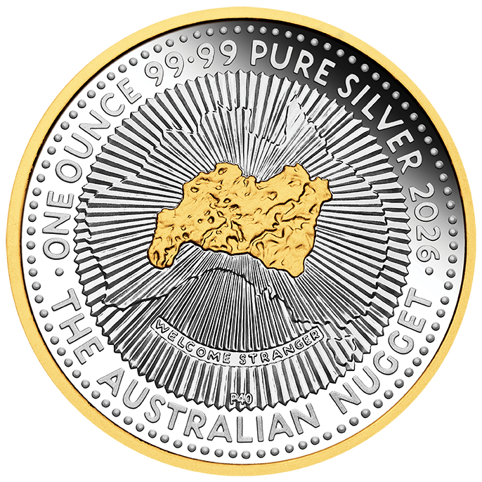 Australien Nugget - 40. Jubiläum - 2026 - 1 oz Silbermünze Teilvergoldet PP in Box