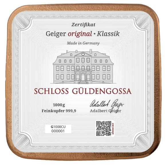 Kupferbarren Geiger original - 1 kg Kilo - gegossen quadratisch