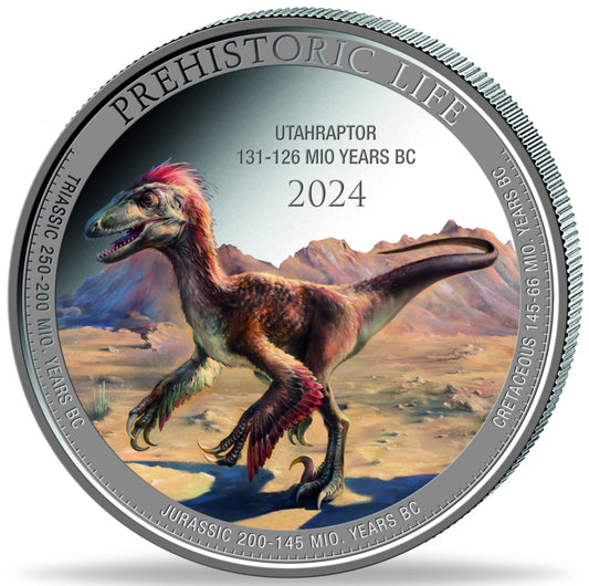 Silbermünze 1 oz Prehistoric Life II Utahraptor 2024 Farbe Color 20 Francs
