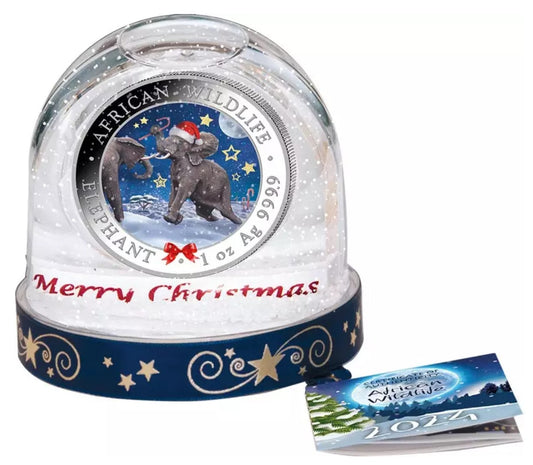 Somalia Elefant, 1 Oz Silbermünze 2025 Schneekugel Weihnachten