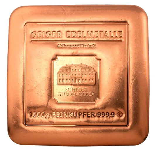 Kupferbarren Geiger original - 1 kg Kilo - gegossen quadratisch