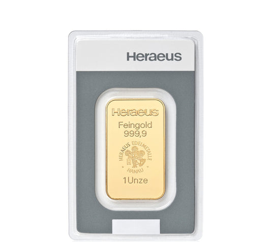Goldbarren 1 oz / 31,1 Gramm Heraeus .999 Feingold im Blister mit Zertifikat**