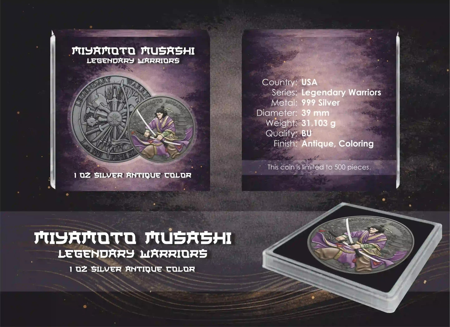 USA - Legendary Warriors -  Miyamoto Musashi -1 oz Silber Antik Finish Color Farbe