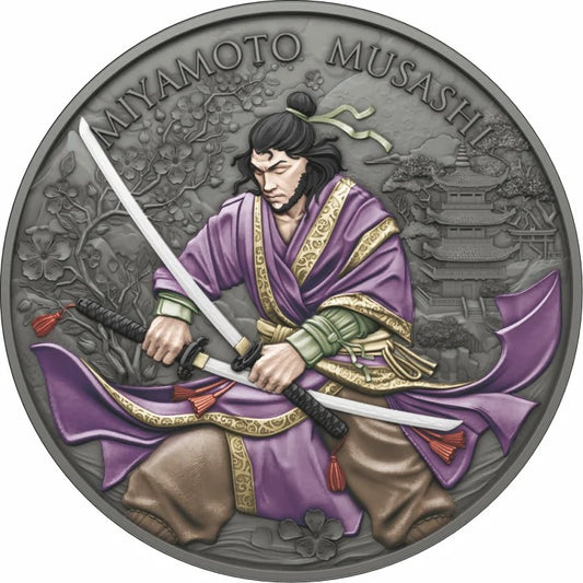USA - Legendary Warriors -  Miyamoto Musashi -1 oz Silber Antik Finish Color Farbe