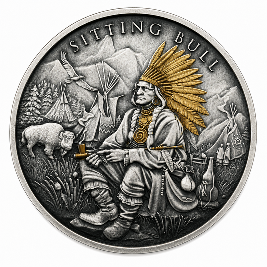 USA - Legendary Warriors -  Sitting Bull -1 oz Silber Antik Finish Gilded