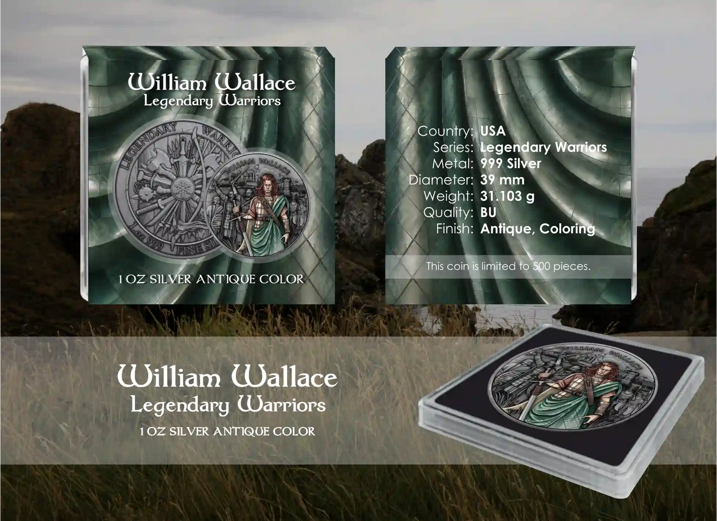 USA - Legendary Warriors - William Wallace - 1 oz Silbermedaille Antik Farbe