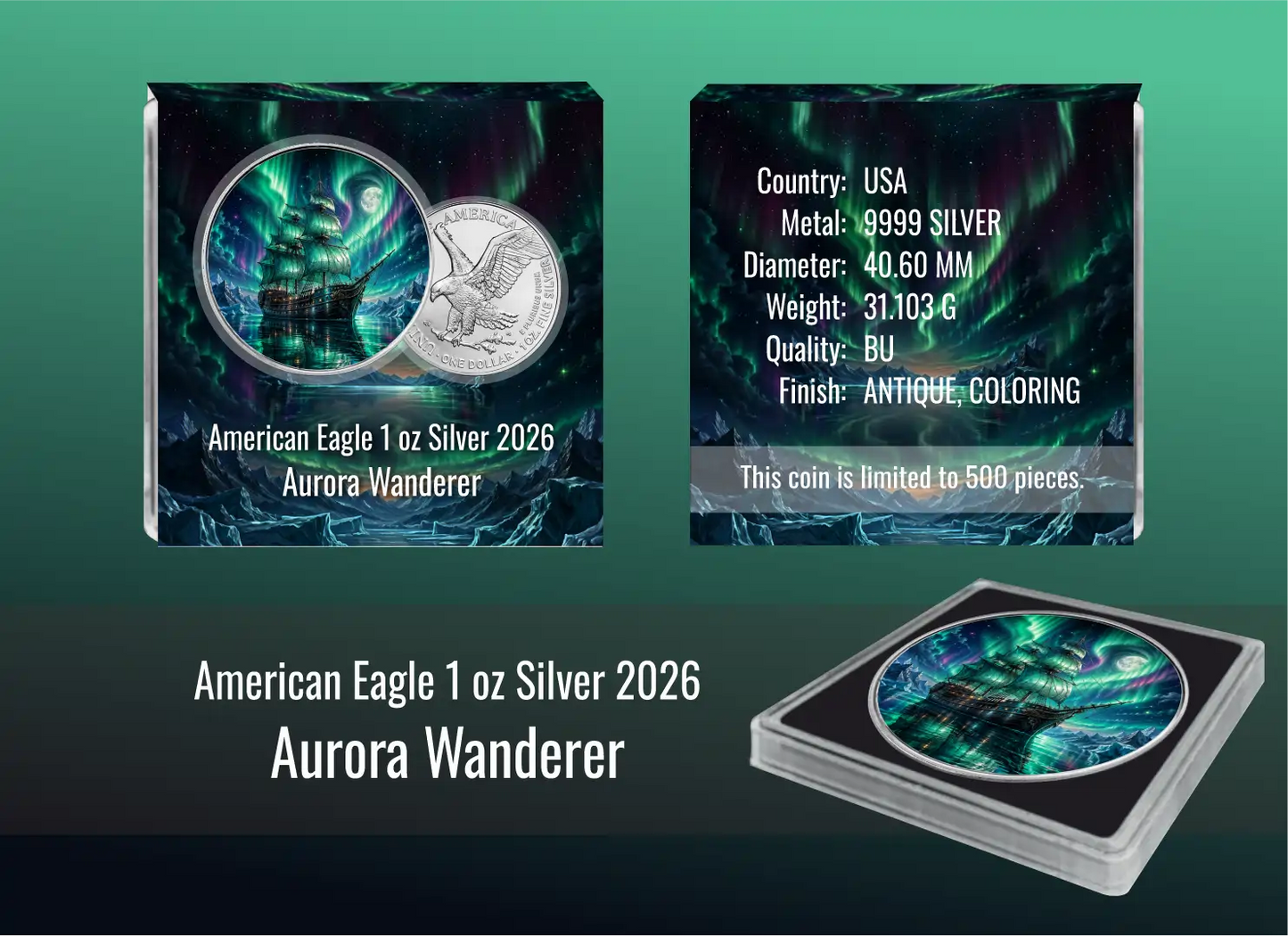 American Eagle 2026 - Masters of the Seas - (6.) Aurora Wanderer - 1 oz Silbermünze Antik Farbe