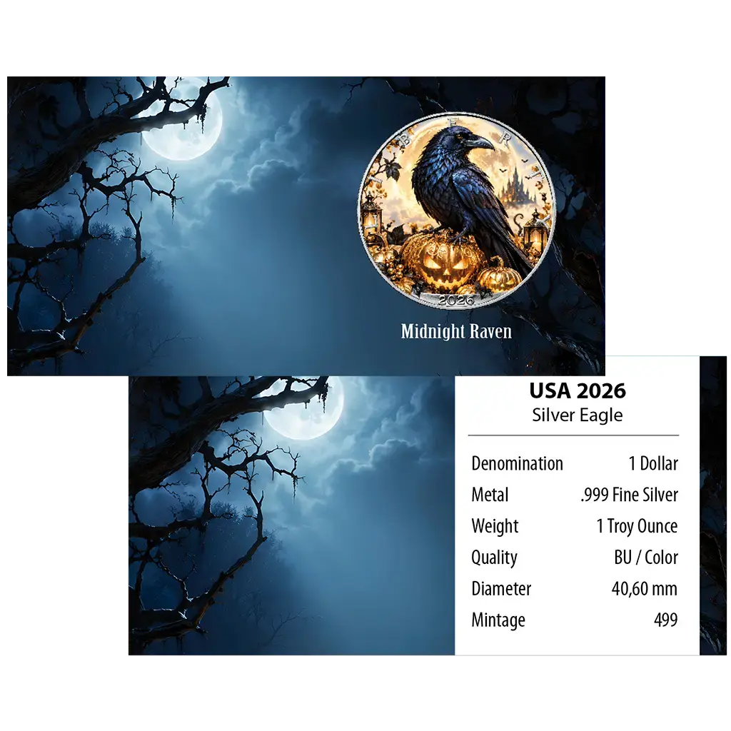 American Silver Eagle 2026 - Halloween - Midnight Raven - 1 oz Silbermünze - Farbe - Color