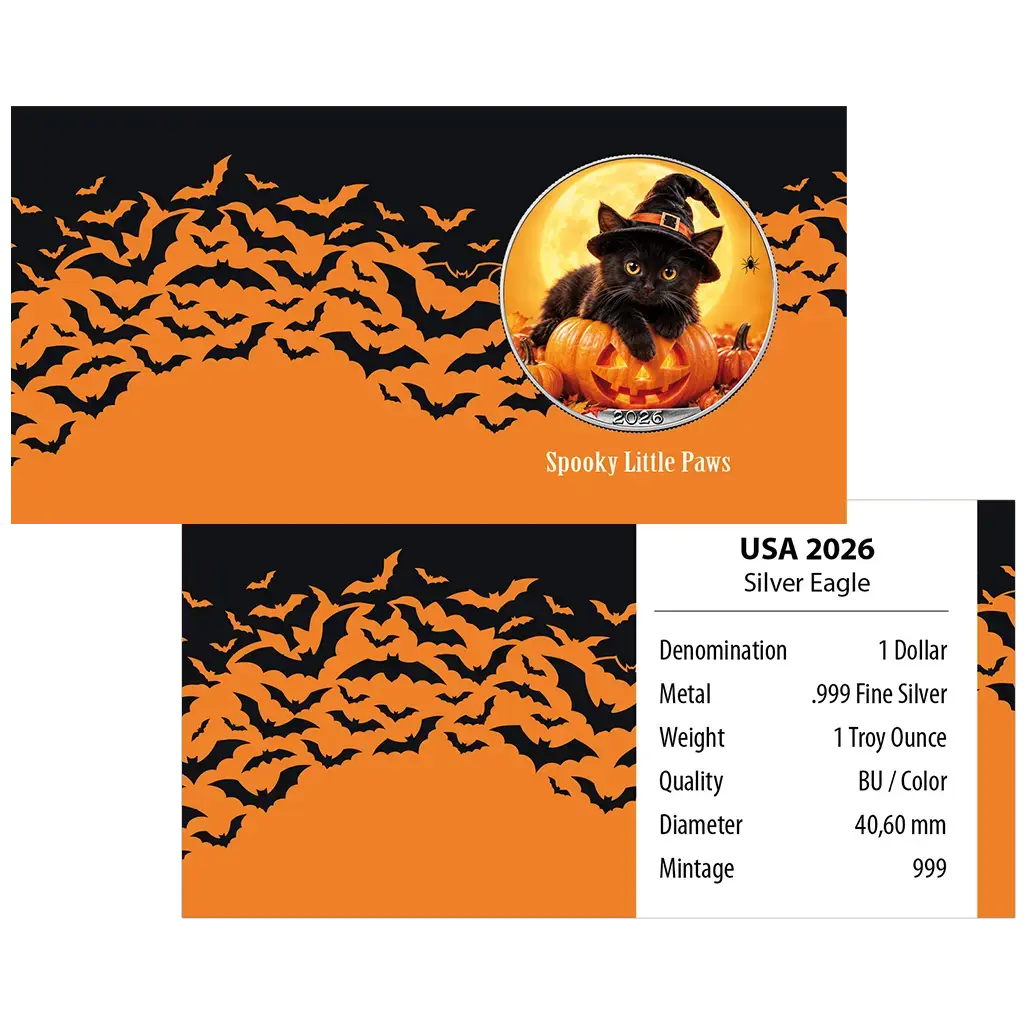 American Silver Eagle 2026 - Halloween - Spooky Little Paws - 1 oz Silbermünze - Farbe - Color