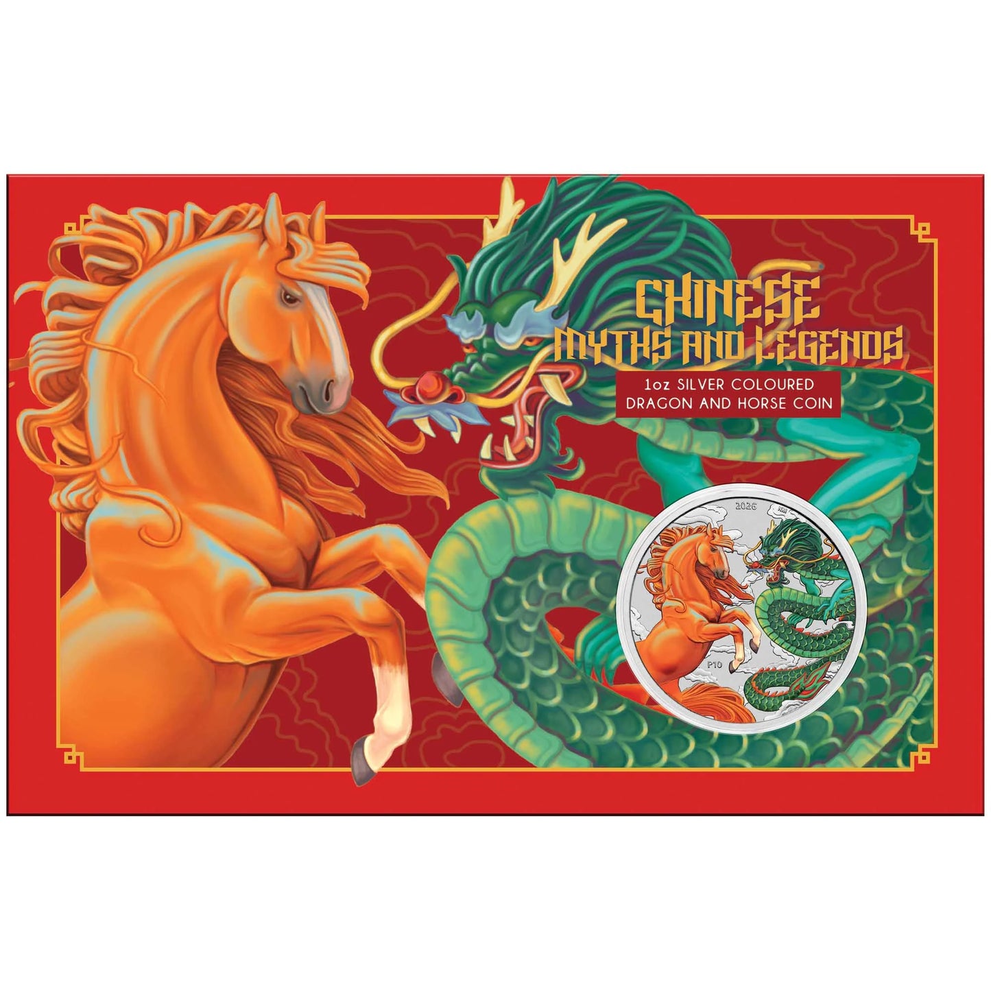 Chinese Myths and Legends - Dragon and Horse - Fire & Earth 2026 1 oz Silbermünze BU Farbe rot/grün in Coincard
