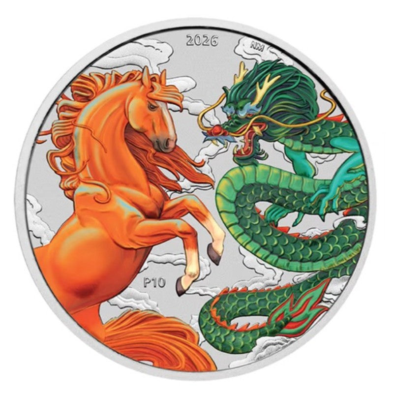Chinese Myths and Legends - Dragon and Horse - Fire & Earth 2026 1 oz Silbermünze BU Farbe rot/grün