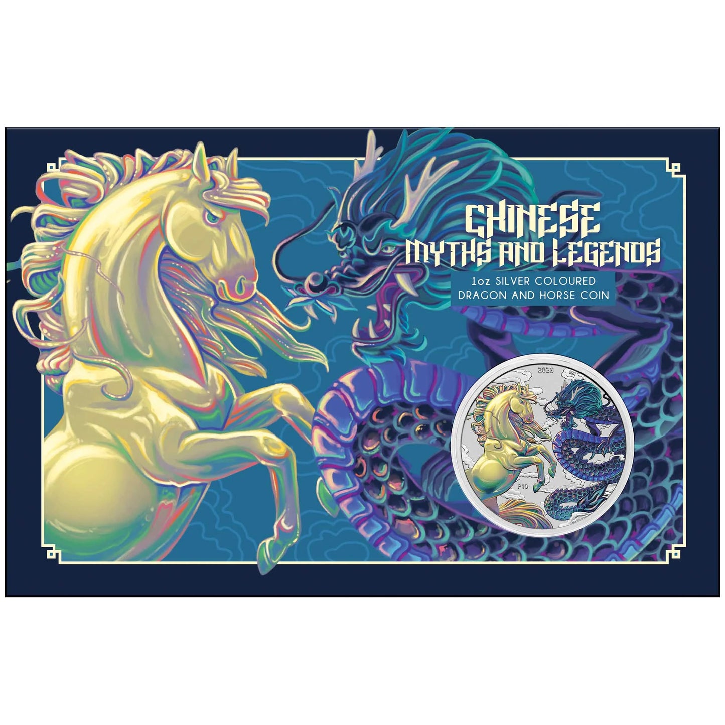 Chinese Myths and Legends - Dragon and Horse - Opalite 2026 1 oz Silbermünze BU Farbe gelb/blau in Coincard