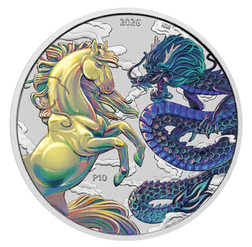 Chinese Myths and Legends - Dragon and Horse - Opalite 2026 1 oz Silbermünze BU Farbe gelb/blau