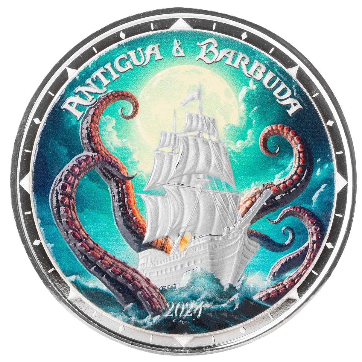 Eastern Caribbean - EC8 - Antigua und Barbuda - Rum Runner and Kraken - 2024 - 1 oz Silbermünze PL Farbe Color***