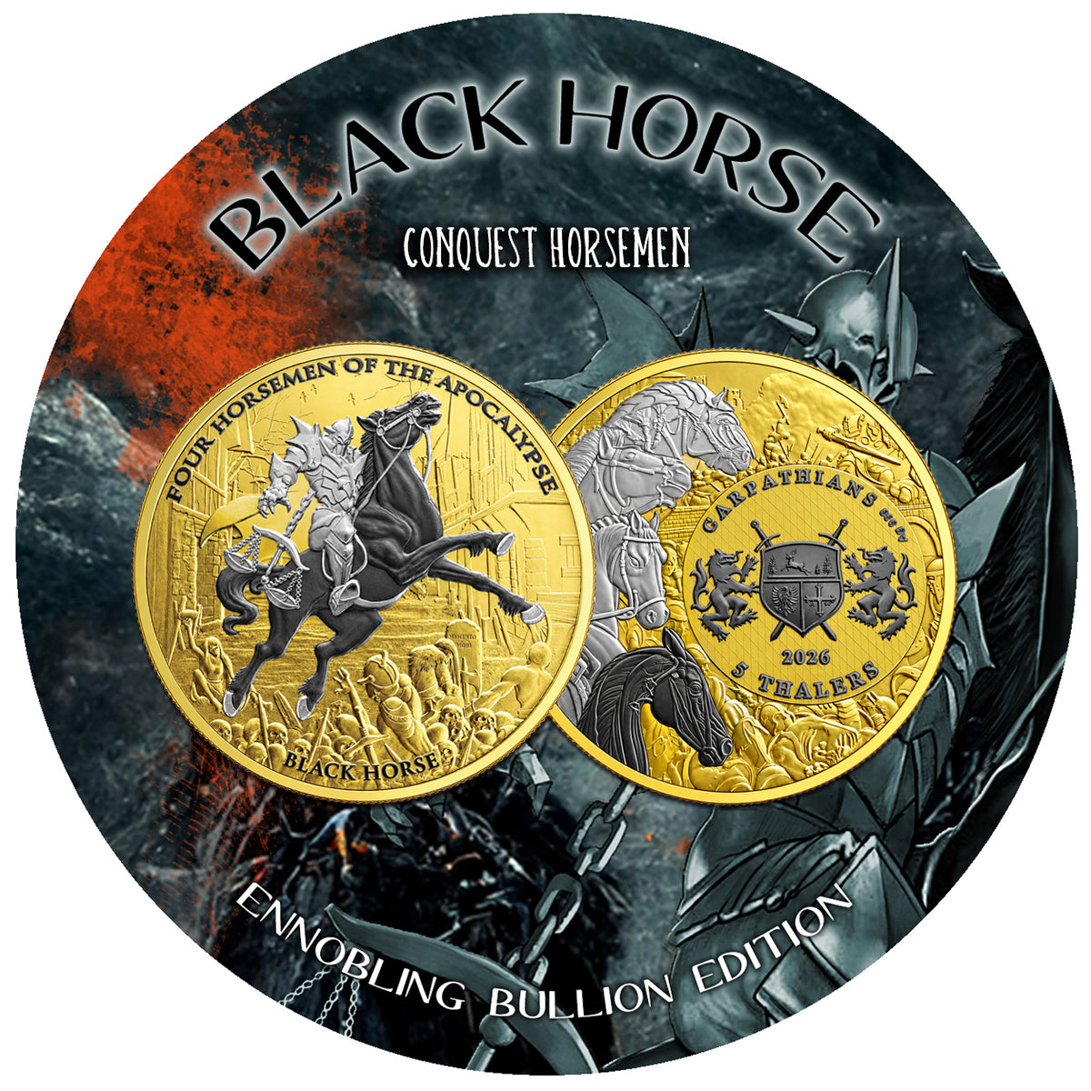 Carpathian Mint - Four Horsemen of the Apocalypse - Black Horse   1 oz Silbermünze Gilded - Ruthenium - Palladium