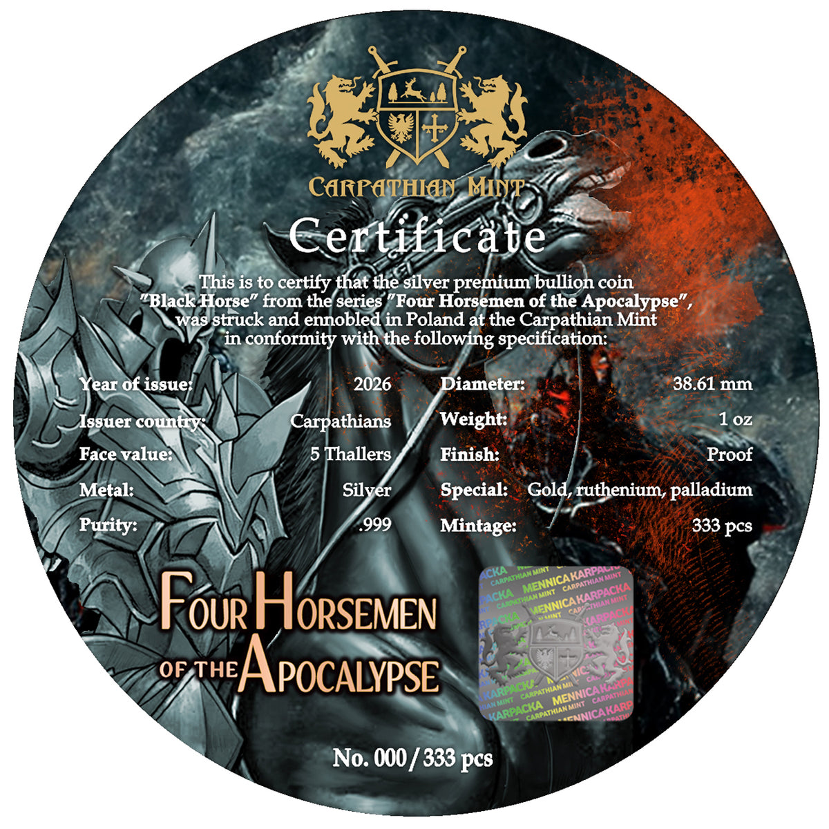 Carpathian Mint - Four Horsemen of the Apocalypse - Black Horse   1 oz Silbermünze Gilded - Ruthenium - Palladium