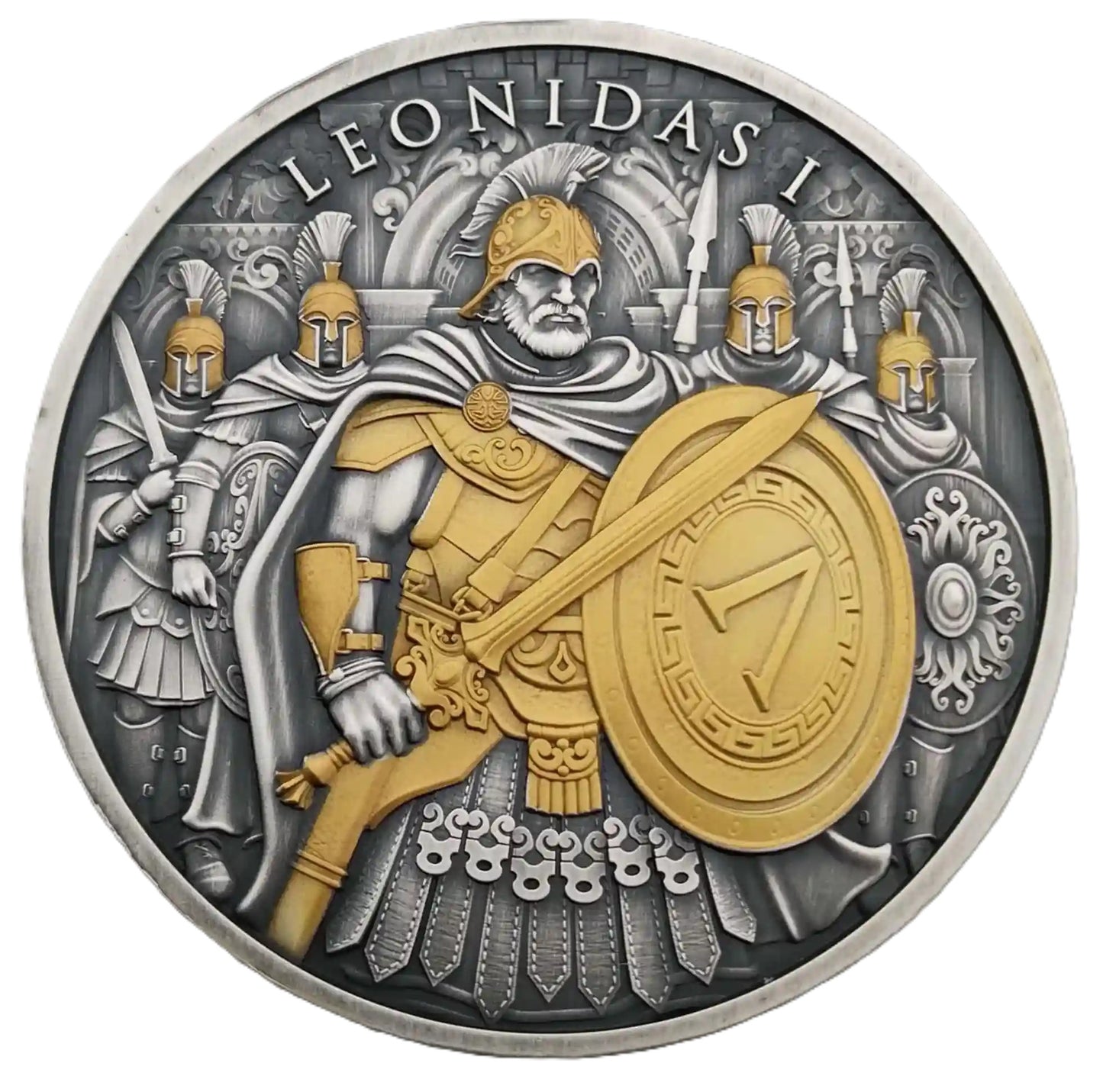 USA - Legendary Warriors -  Leonidas #10. -1 oz Silbermedaille Antik - teilvergoldet