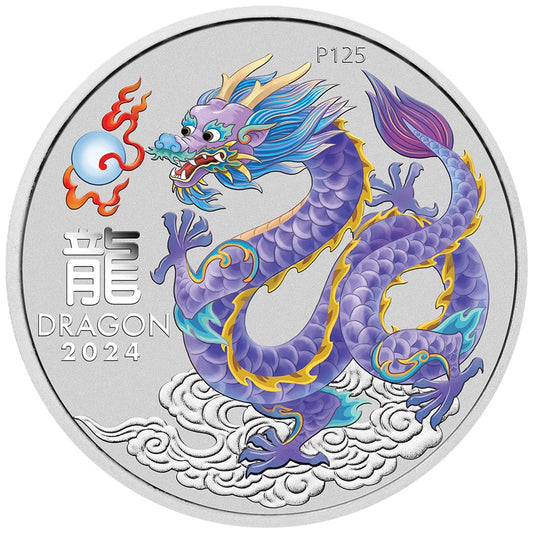 Lunar III Dragon Drache 2024 - 1 oz Silbermünze coloriert Lilac Hell-Lila