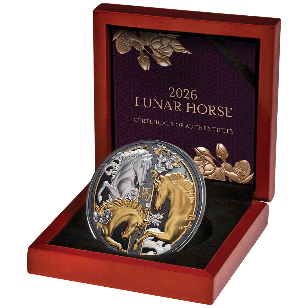 Niue - Lunar - Jahr des Pferdes - 2026 - 1 oz Silbermünze Teilvergoldet Black Proof***