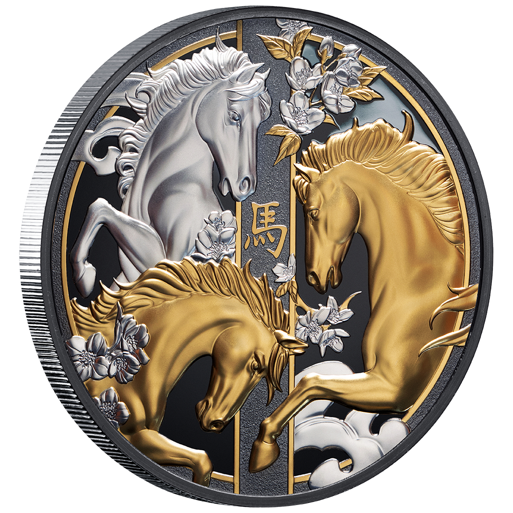 Niue - Lunar - Jahr des Pferdes - 2026 - 1 oz Silbermünze Teilvergoldet Black Proof***