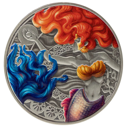 Mermaid and Pearl - Meerjungfrau und Perle 2025  – 1 oz Silbermünze Antik Farbe
