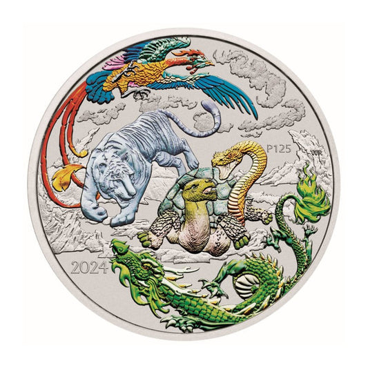 Chinese Myths and Legends - Four Guardians Lan 2024 1 oz Silbermünze Color Farbe *