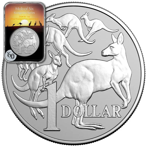 RAM Kangaroo Känguru 2026 -  Mob of Six Roos - 1 oz Silbermünze im Slab