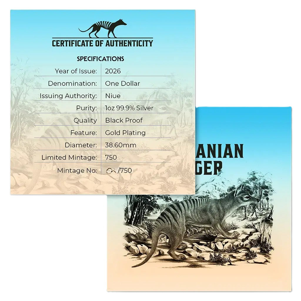 Niue Tasmanischer Tiger 2026 - Teilvergoldet - 1 oz Silbermünze - Black Proof***