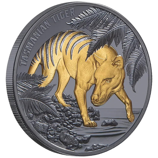 Niue Tasmanischer Tiger 2026 - Teilvergoldet - 1 oz Silbermünze - Black Proof***