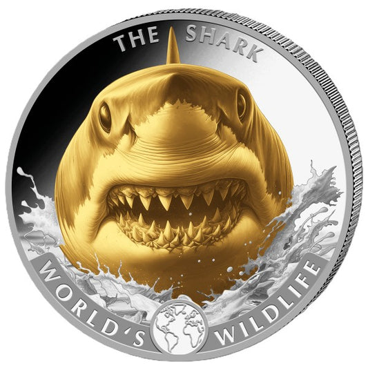World's Wildlife - Shark Hai 2026 - 1 oz Silbermünze BU teilvergoldet gilded