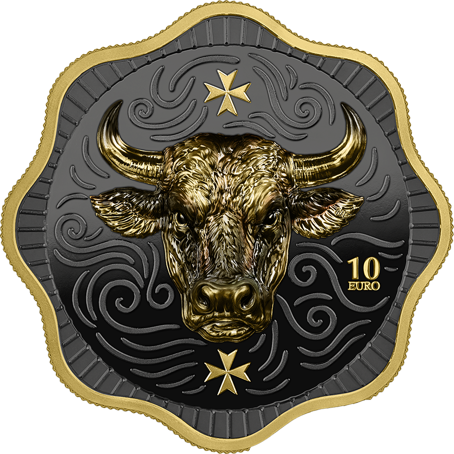 Malta Maltese - Ox - 10€ - Germania Mint 2 oz Silbermünze High Relief Ruthenium Gelbgold***