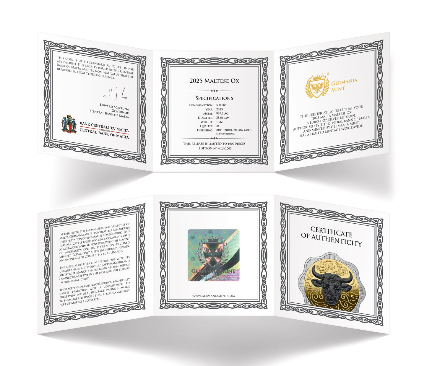 Malta Maltese - Ox - 5€ - Germania Mint 1 oz Silbermünze Ruthenium Gelbgold***