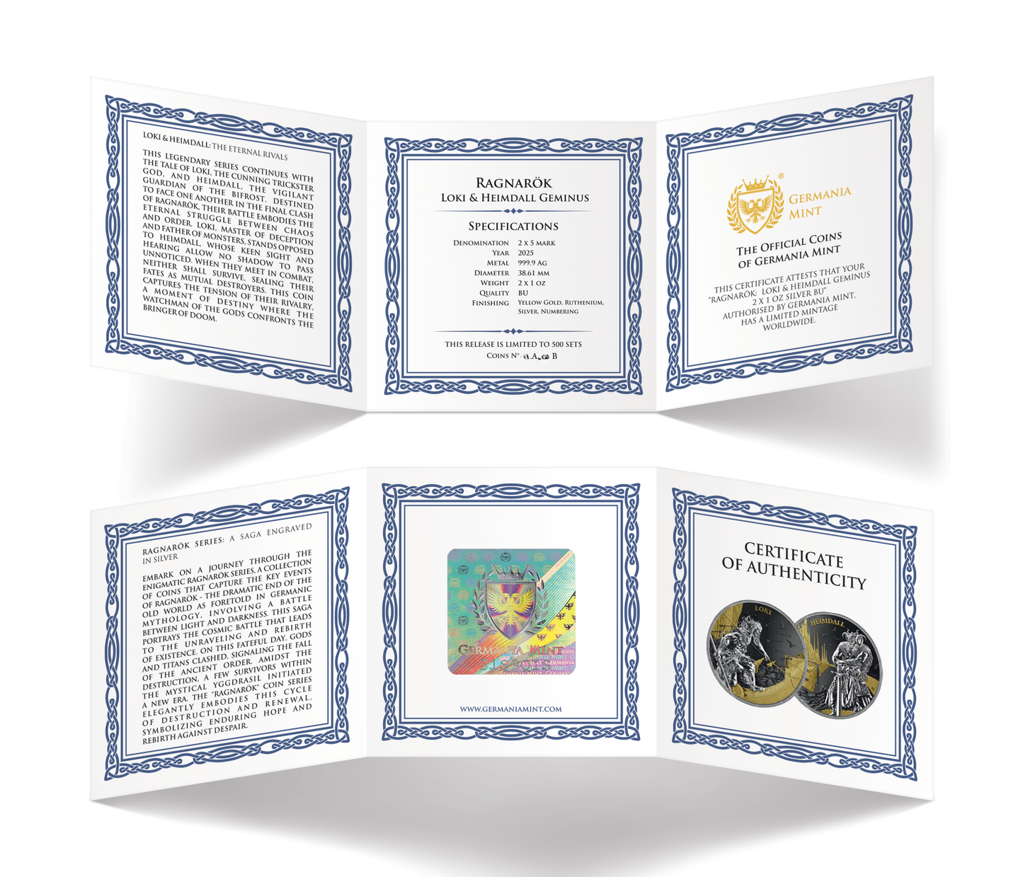 Silbermünze Ragnarök Loki & Heimdall Geminus 2 x 1 oz 2025 Teilvergoldet Ruthenium Germania Mint***