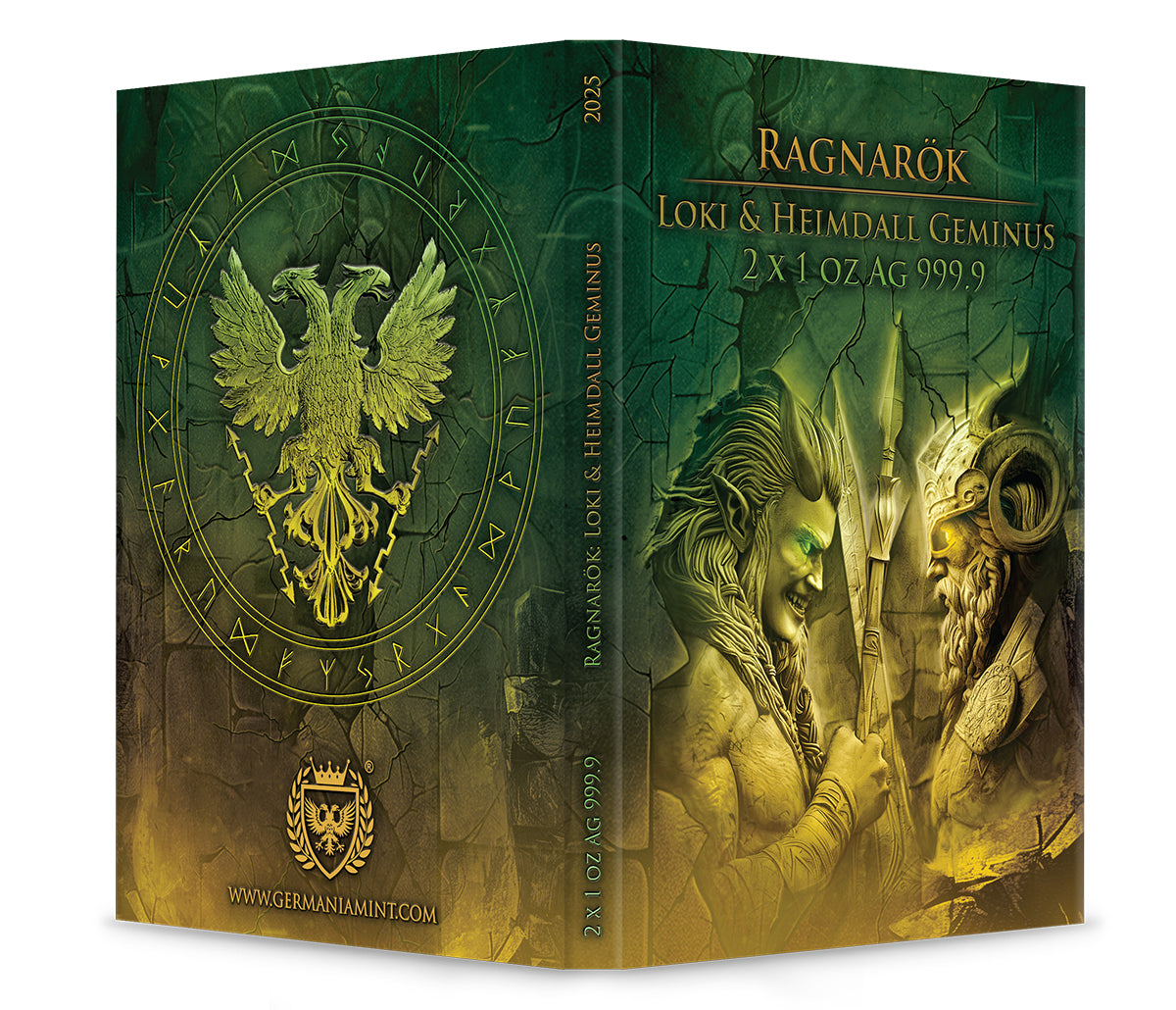 Silbermünze Ragnarök Loki & Heimdall Geminus 2 x 1 oz 2025 Teilvergoldet Ruthenium Germania Mint***