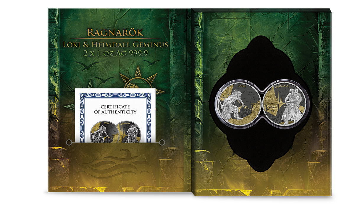 Silbermünze Ragnarök Loki & Heimdall Geminus 2 x 1 oz 2025 Teilvergoldet Ruthenium Germania Mint***