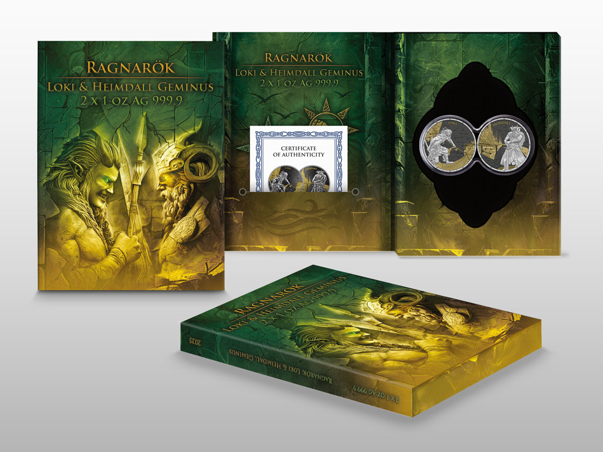 Silbermünze Ragnarök Loki & Heimdall Geminus 2 x 1 oz 2025 Teilvergoldet Ruthenium Germania Mint***