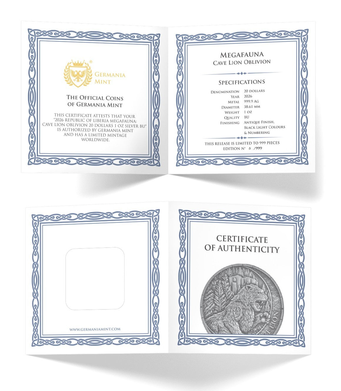 Germania Mint - Megafauna - Cave Lion - Oblivion - 2026 - 1 oz Silbermünze Antik Finish UV-Effekt