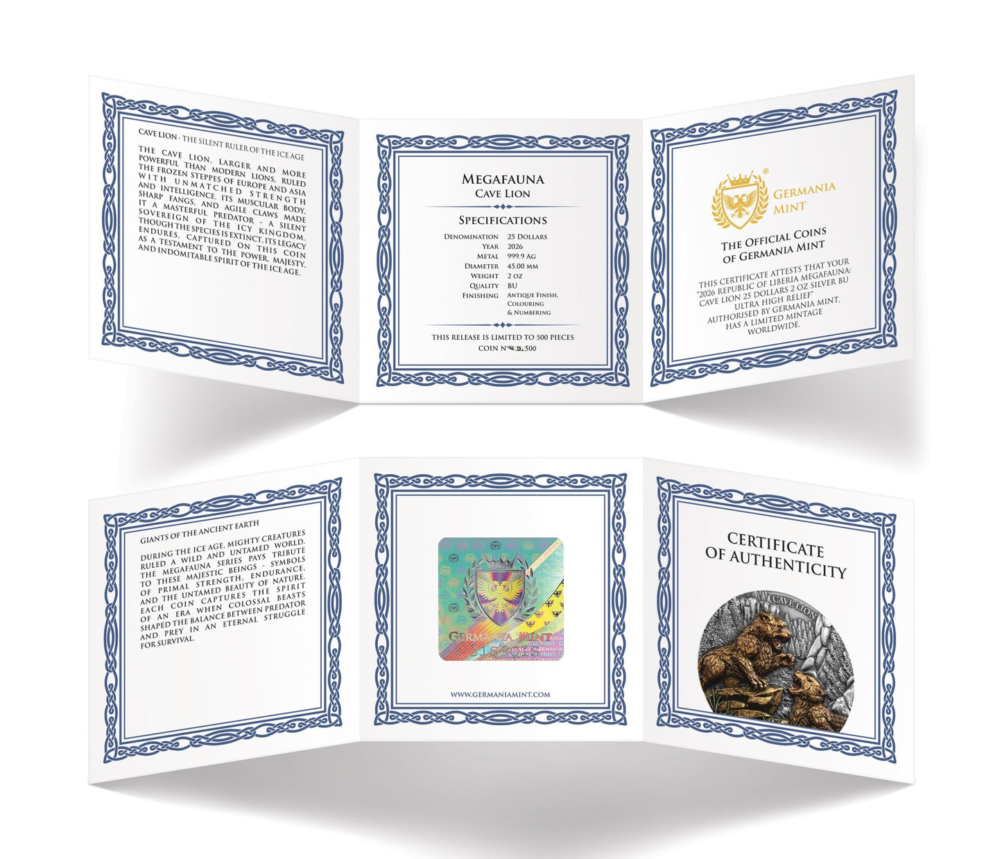 Germania Mint - Megafauna - Cave Lion - 2026 - 2 oz Silbermünze UHR Antik Finish Farbe
