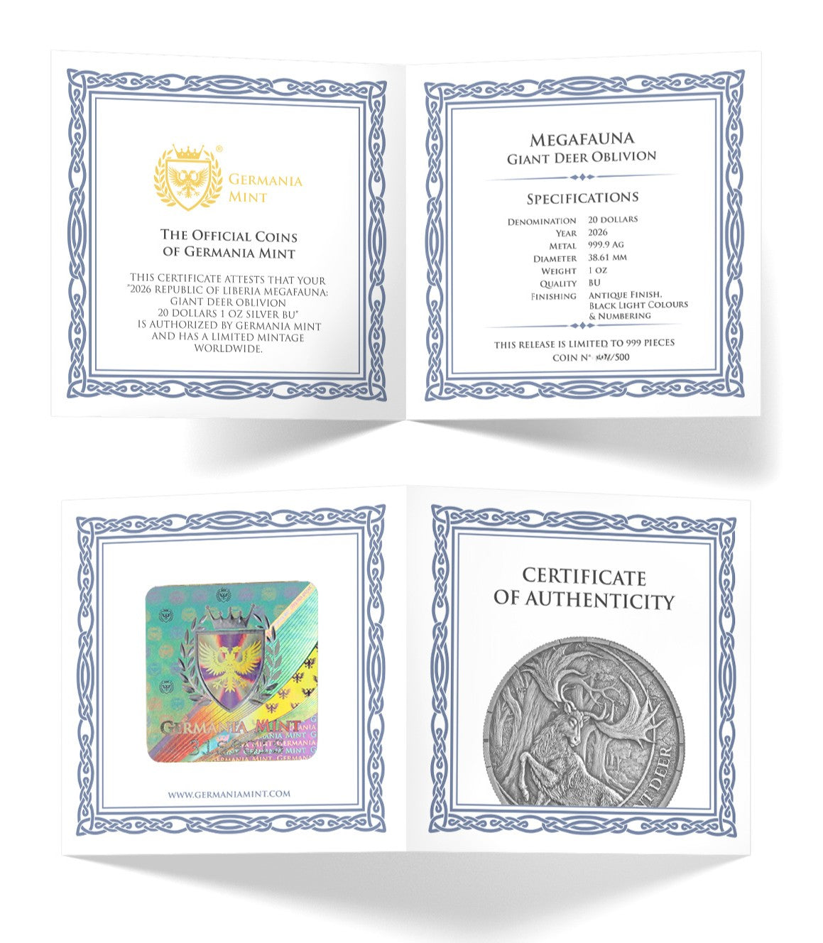 Germania Mint - Megafauna - Giant Deer - Oblivion - 2026 - 1 oz Silbermünze Antik Finish UV-Effekt