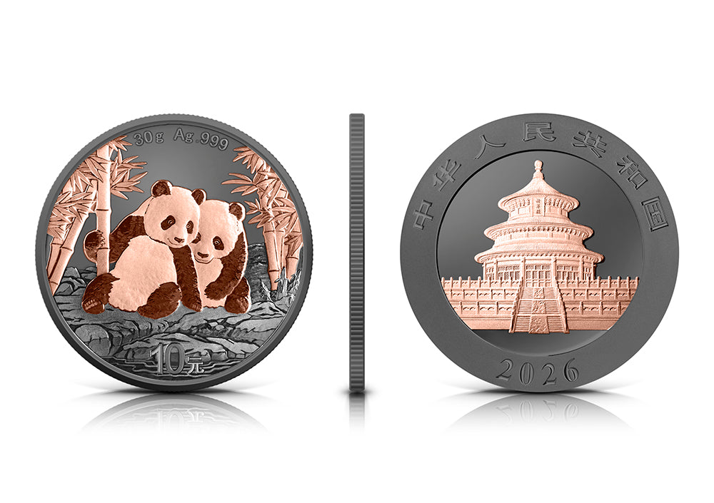 China Panda 2026 - Black and Pink - 30 Gramm Silbermünze Ruthenium Roségold