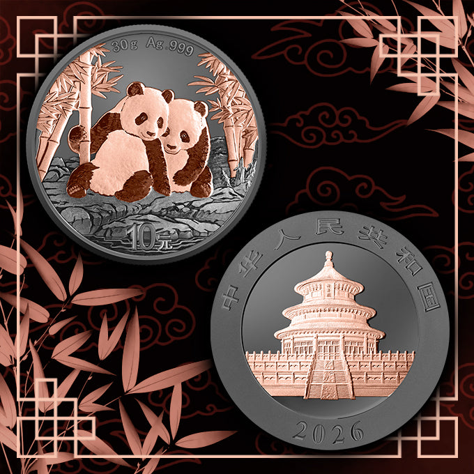 China Panda 2026 - Black and Pink - 30 Gramm Silbermünze Ruthenium Roségold