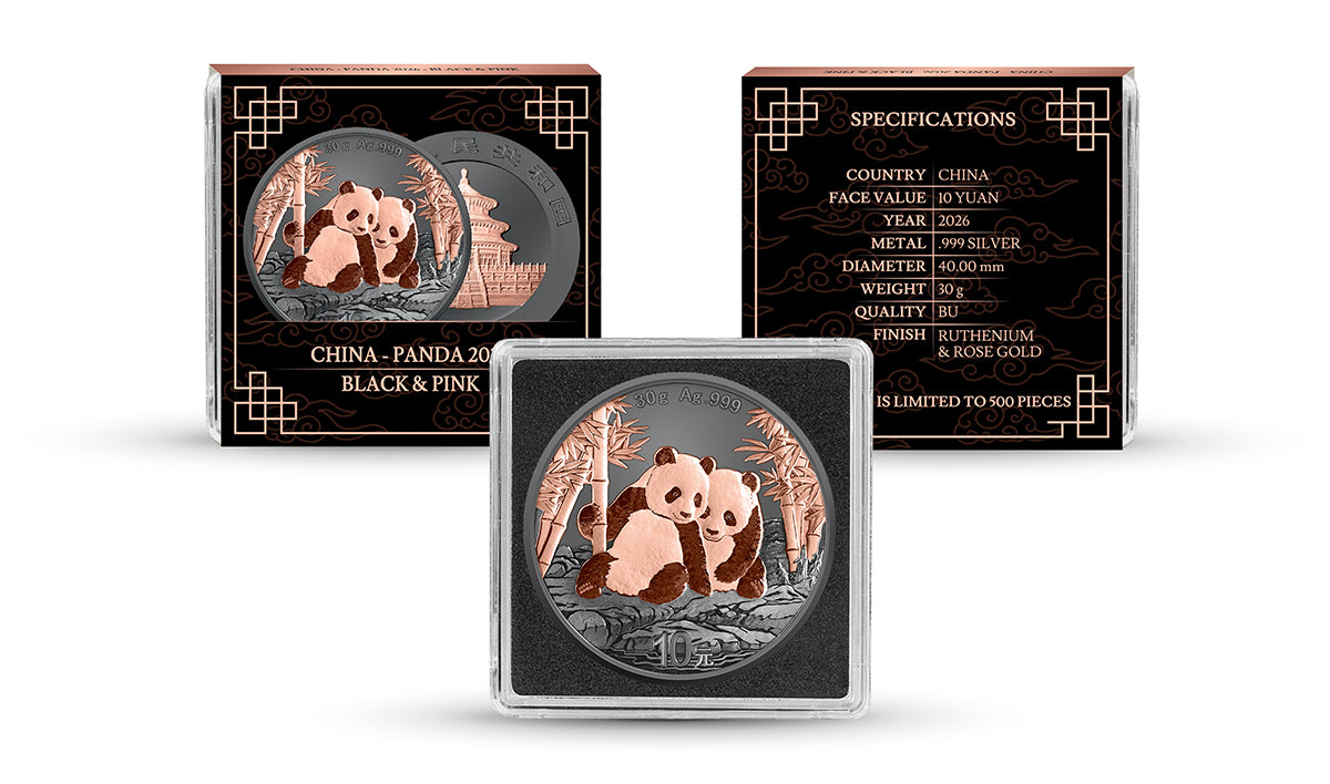 China Panda 2026 - Black and Pink - 30 Gramm Silbermünze Ruthenium Roségold