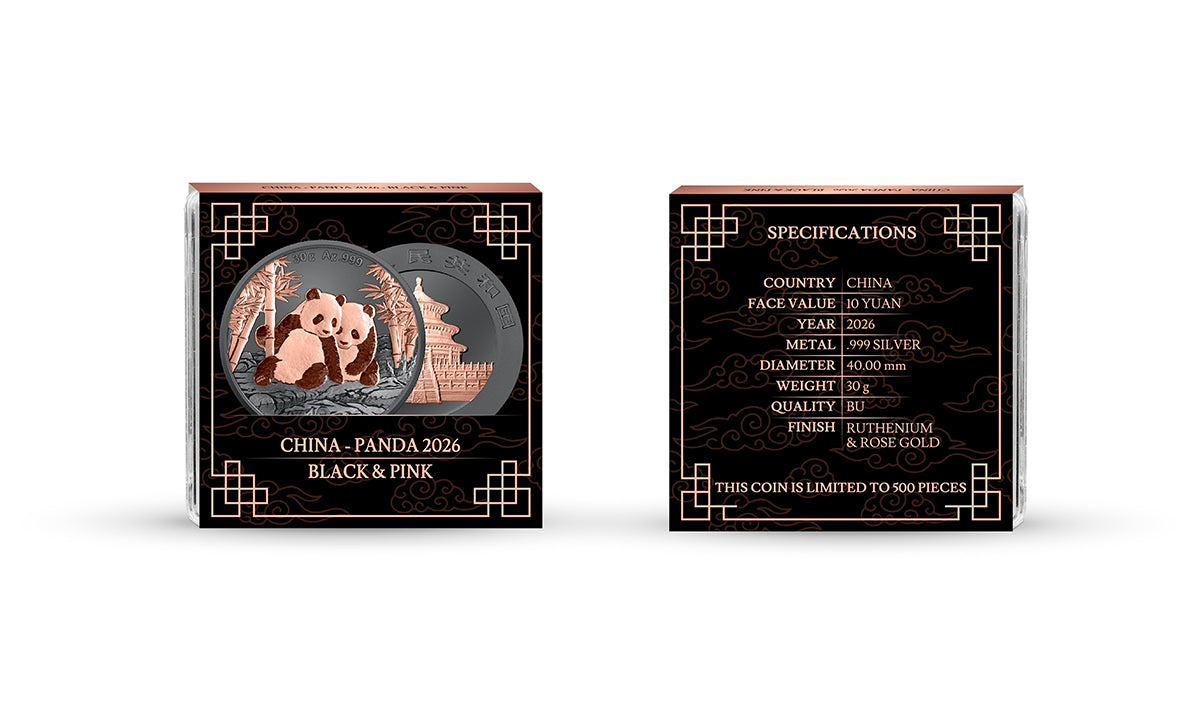 China Panda 2026 - Black and Pink - 30 Gramm Silbermünze Ruthenium Roségold