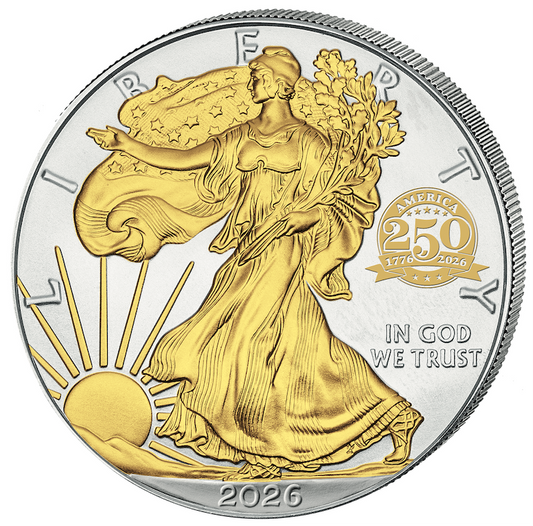 American Silver Eagle 2026 - Privy Mark 250th Anniversary - 1 oz Silbermünze BU Teilvergoldet