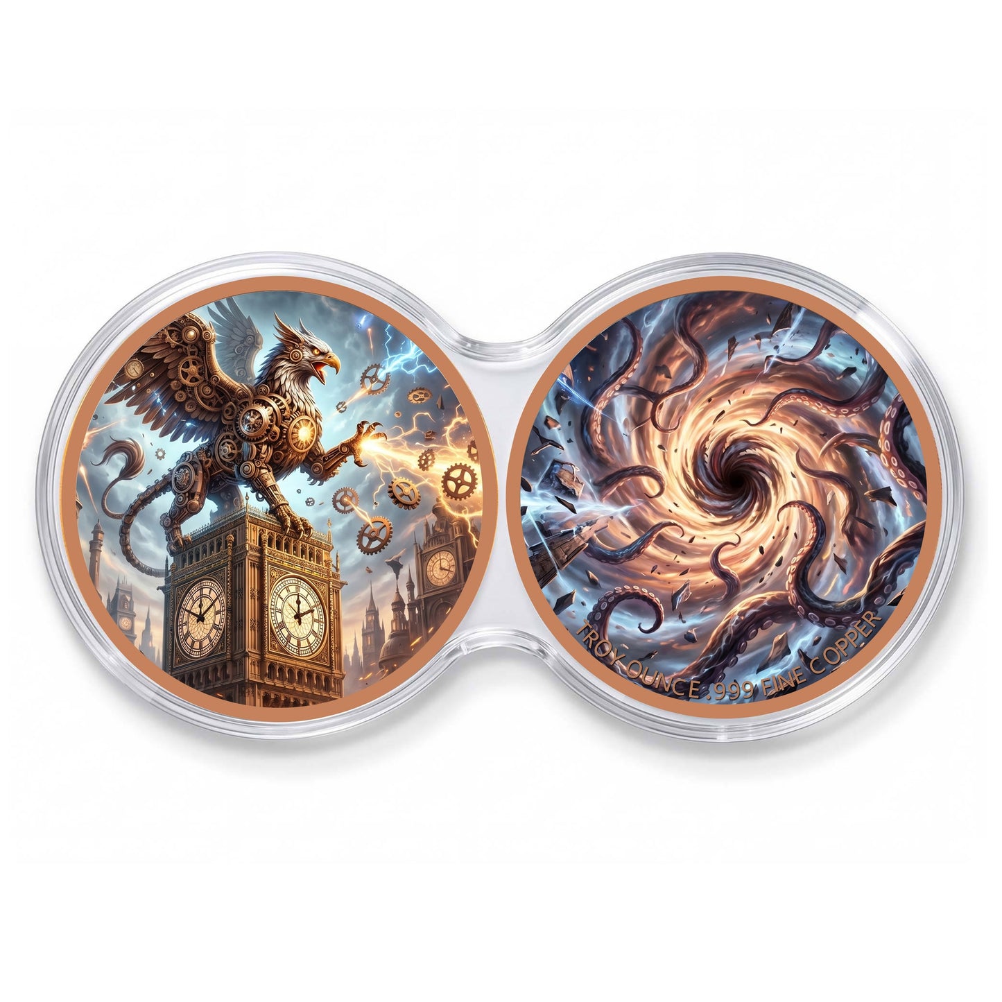 Kupfermedaille 2 x 1 oz Doppelkapsel - Fantasy - Steampunk-Griffon vs. Cthulhu-Vortex