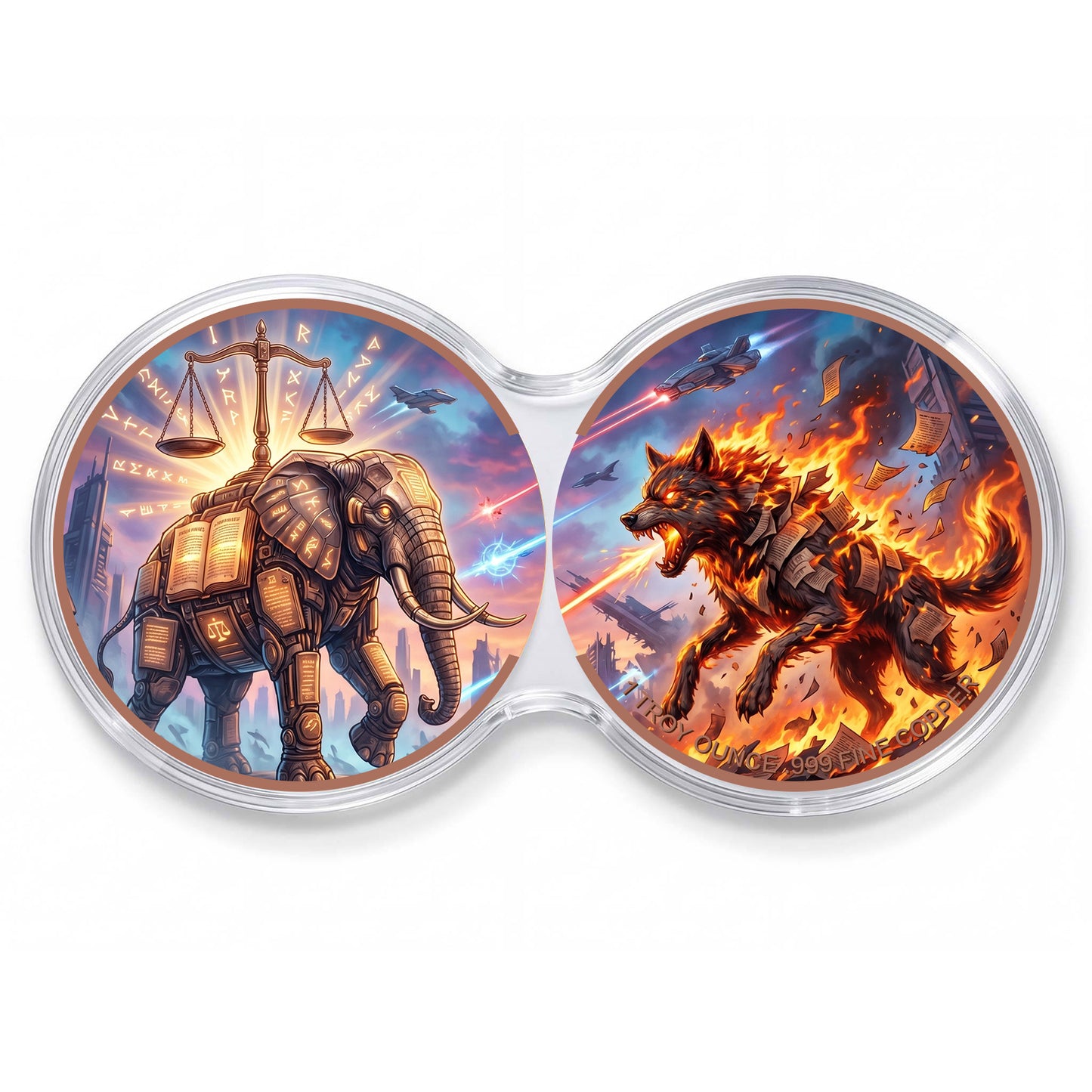Kupfermedaille 2 x 1 oz Doppelkapsel - Fantasy - Justitia Elefant vs. Feuerwolf